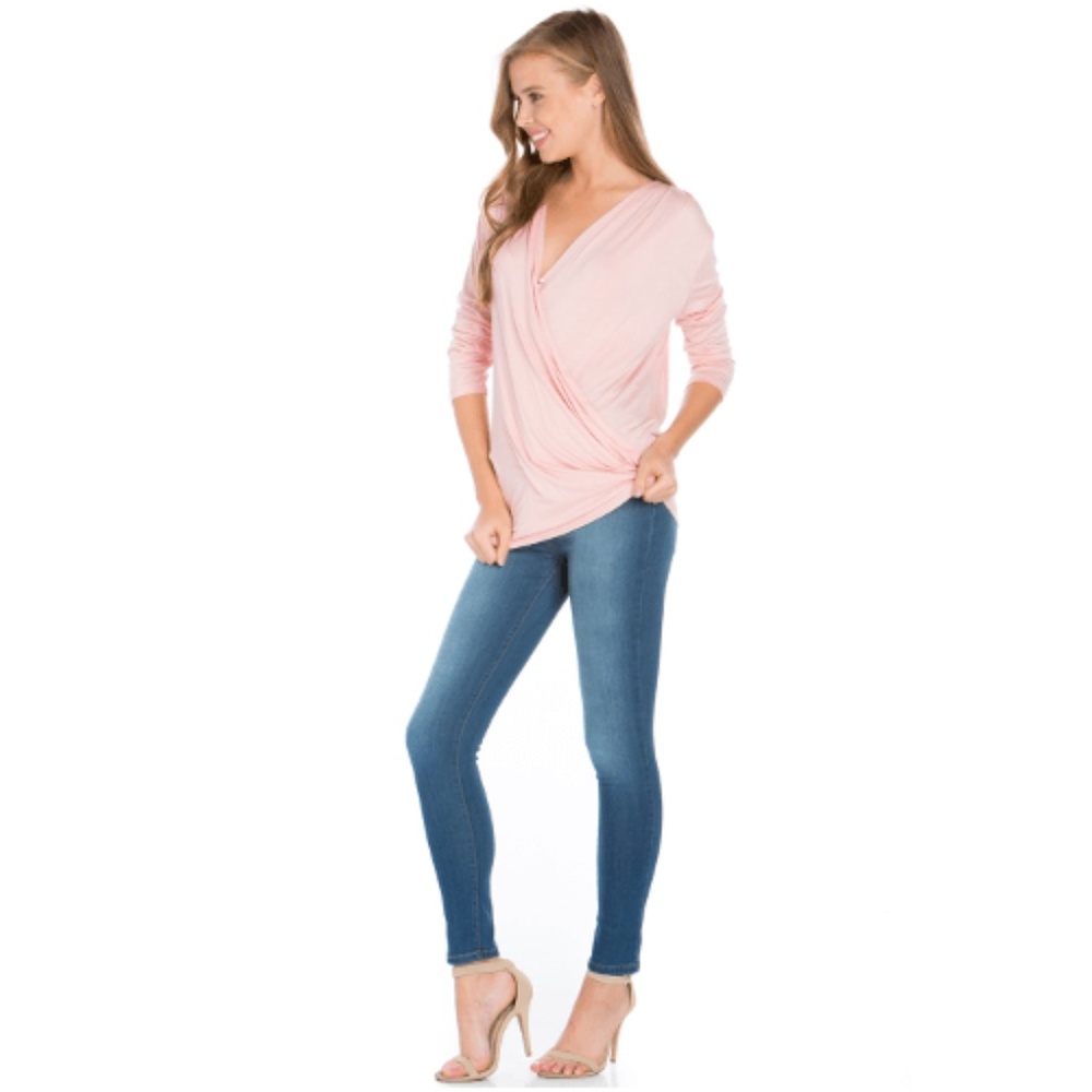 Solid Wrap Top Draped Front Blouse Pink